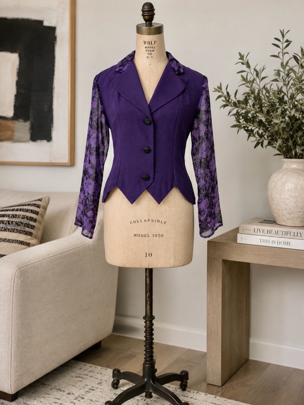 VTG LE CHATEAU Purple Figure Fitted Sheer Sleeves Top - Picture 1 of 14